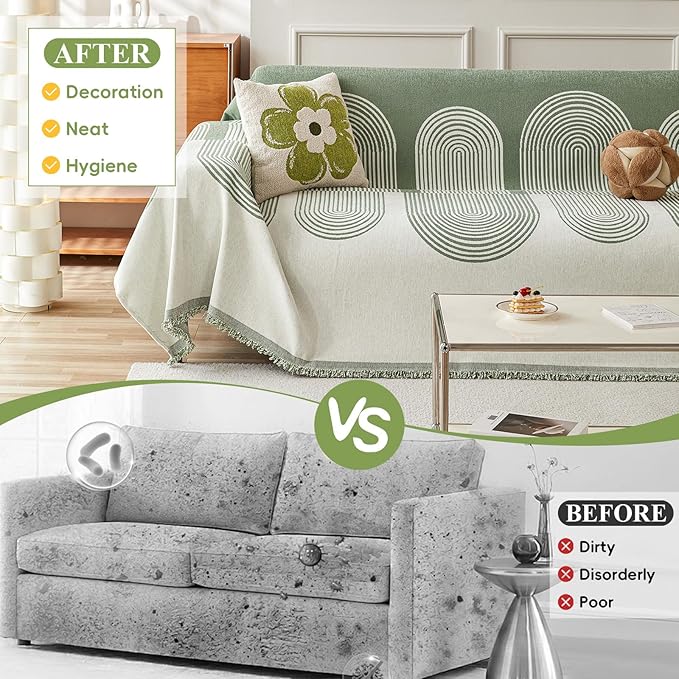 STACYPIK Green Geometric Couch Cover Boho Sofa Cover for Sectional Non-Silp Sofa Covers for Dogs Reversible Beige Couch Cover Loveseat Cover L Shaped Furniture Protector for 3 Cushion Couch-71X134IN