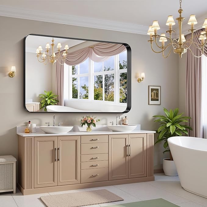 FORBATH 60x40 Inch Large Bathroom Mirror for Double Sinks, Brushed Black Deep Frame Wall Mirror with Rounded Corners, Anti-Rust Tempered Glass for Modern Farmhouse Vanity (Horizontal/Vertical)