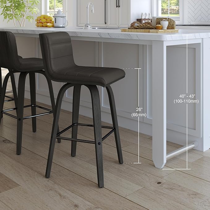 Armen Living Vienna 26" Swivel Counter Stool in Black Wood Finish with Gray Faux Leather - Set of 4