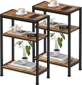 Narrow Side Table for Small Space Set of 2, 3-Tier Small End Table with Shelf Holder, Slim Nightstand, Skinny Snack Couch Table in Living Room, Bedroom, Study, Kitchen and Balcony（Rustic Brown