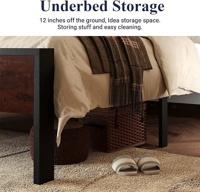 Allewie Queen Size Platform Bed Frame with Wooden Headboard and Footboard, Heavy Duty 12 Metal Slats Support, No Box Spring Needed, Under-Bed Storage, Noise Free, Easy Assembly, Mahogany