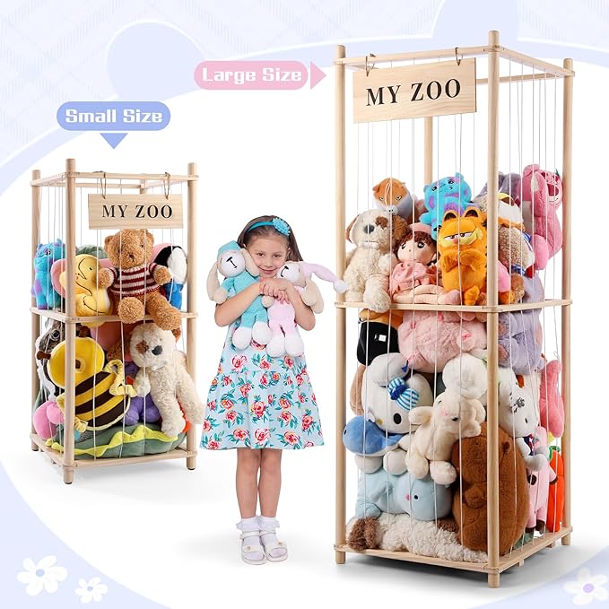 Stuffed Animal Storage Zoo, Wooden Stuffed Animal Organizer with Elastic Cords for Boys Girls, Space Saving Toy Plushies Storage Holder for Playroom, Bedroom, Living Room (Burlywood, Small)