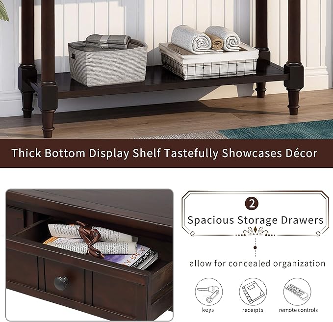 Bellemave Console Table with Drawers, Retro Entryway Table with 2 Drawers and Open Storage Shelf, Narrow Long Sofa Table, Behind Couch Table for Living Room, Foyer and Hallway,Espresso