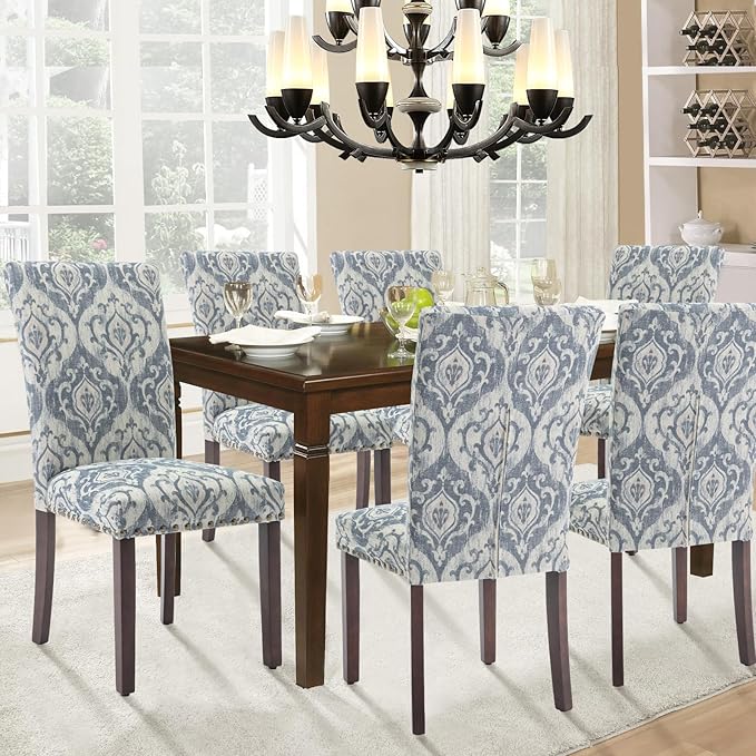 Parsons Dining Chairs Set of 2, Upholstered Nailhead Dining Room Kitchen Side Chair with Thick Cushions and Wood Legs, White/Blue