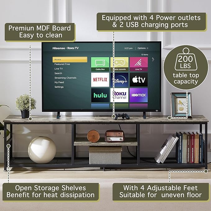 VECELO TV Stand with Power Outlets for Televisions up to 80Inch, 70" Media Entertainment Center with Charging Station 3-Tier Open Storage Shelves with Metal Frame for Living Room/Bedroom，Grey