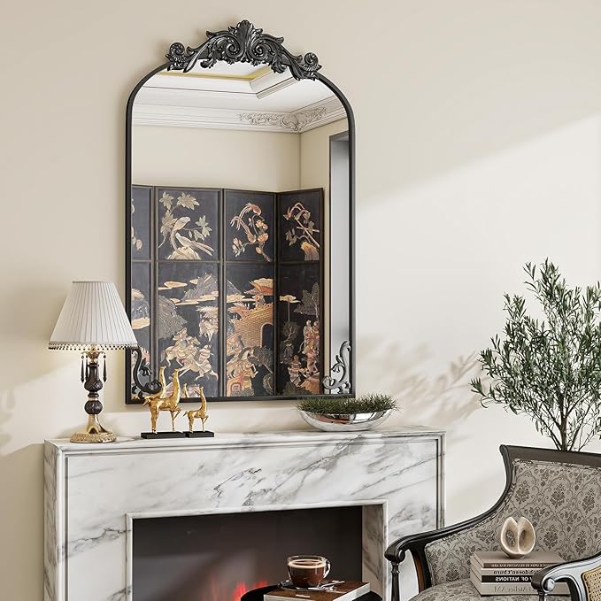 24x36 inch Vintage Arched Bathroom Mirror - Gorgeous Wall Vanity Mirror with Beautiful Retro Top and Bottom Engraving Process Frame for Entryway Hallway Living Room, Black