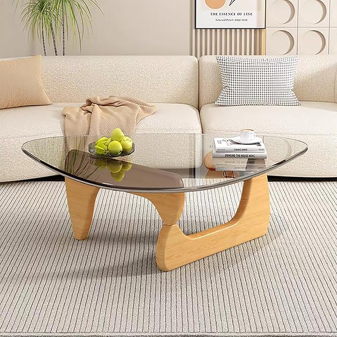 Modern Glass Coffee Table for Living Room, Mid Century Coffee Tables, Suitable for Bedroom Living Room Reception Office Tables（Wood/Transparent，Large）