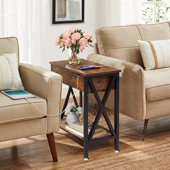 TooCust End Tables Living Room with Charging Station, 11.2" D x 24" W x 24" H, Flip Top Side Table with USB Ports and Outlets, Couch End Tables, Narrow End Table with 5.5" Deep Drawer