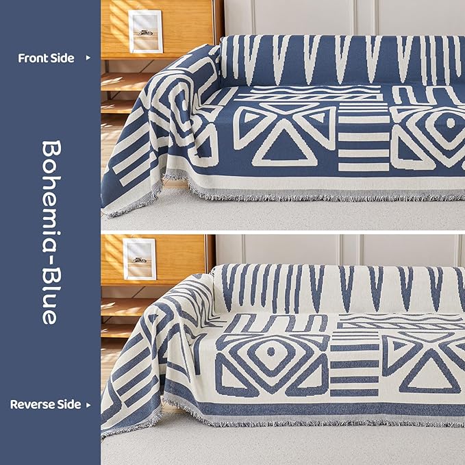 STACYPIK Boho Chenille Couch Cover, Blue Jacquard Sofa Cover for 3 Cushion Couch, Reversible Furniture Protector, Anti Slip Geometric Couch Covers for Sectional, Loveseat Cover Pet-Friendly-71X134IN