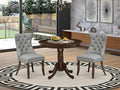 East West Furniture ANDA3-AWA-27 3 Piece Dining Room Table Set Consists of a Round Kitchen Table with Pedestal and 2 Polyester Fabric Parson Chairs, 36x36 Inch, Antique Walnut