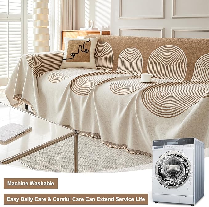 STACYPIK Boho Arched Pattern Sofa Cover Throw, Washable Chenille Furniture Protector for 2 Seater Sofa, Anti Scratch Couch Cover for Dogs Cats, Pet Proof Loveseat Slipcovers Throw Blanket-71X118IN