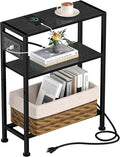 Small Narrow Side Table with Charging Station, Skinny End Table for Small Spaces, Slim Nightstand with Outlets, Sofa Bedside Table in Living Room, Bedroom, Study, Kitchen and Balcony(Black)