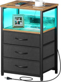 Seventable Nightstand with Charging Station and LED Light, Set of 2 Side Table with 3 Fabric Drawers, Bedside End Table with USB Ports and Outlets, Night Stand for Bedroom, Rustic Brown