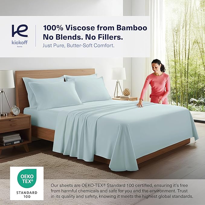 Kickoff Viscose Bamboo Sheets King Size 4-pc 100% Organic Bamboo Viscose Bed Cooling Sheets King Size Set Cool Bedding for hot Sleepers Sheet, Flat, Fitted, Pillowcases (Coastal Blue,K)
