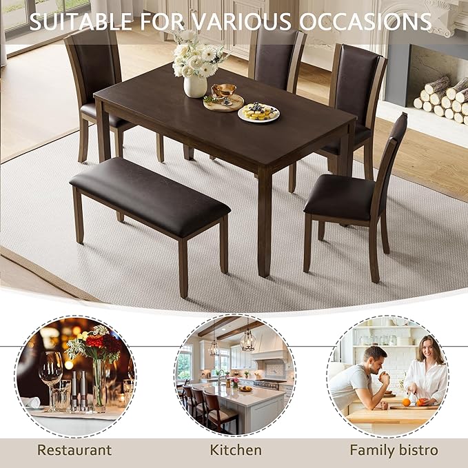 soges 6-Piece Large Dining Table Set with Leather Bench and Chairs, Wooden Dining Table Chairs Set for 6, Modern 6 Person Dining Room Set, Dark Walnut
