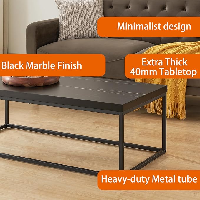 CENSI 47-Inch Black Marble Accent Coffee Table/Center Table for Living Room, Rectangle Modern Industrial Style,Wood and Metal, Max.Loading 220 lbs. (Black Marble)