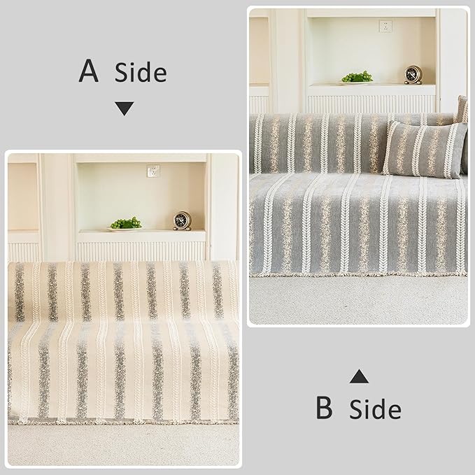 Couch Cover for Dogs Washable Sofa Cover, Sectional Couch Covers, Sofa Covers for 2 Cushion Couch, Non Slip Stripe Sofa Slipcovers Furniture Protector, Couch Protector from Cat Claws, Light,75''x134''