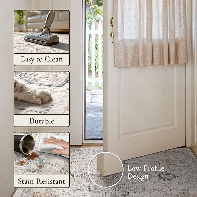GENIMO 9x12 Area Rugs for Living Room, Non Slip Machine Washable Vintage Rugs, Low Pile Lightweight Chenille Print Large Rug for Bedroom, Dining Room, Home Office, Light Taupe Brown