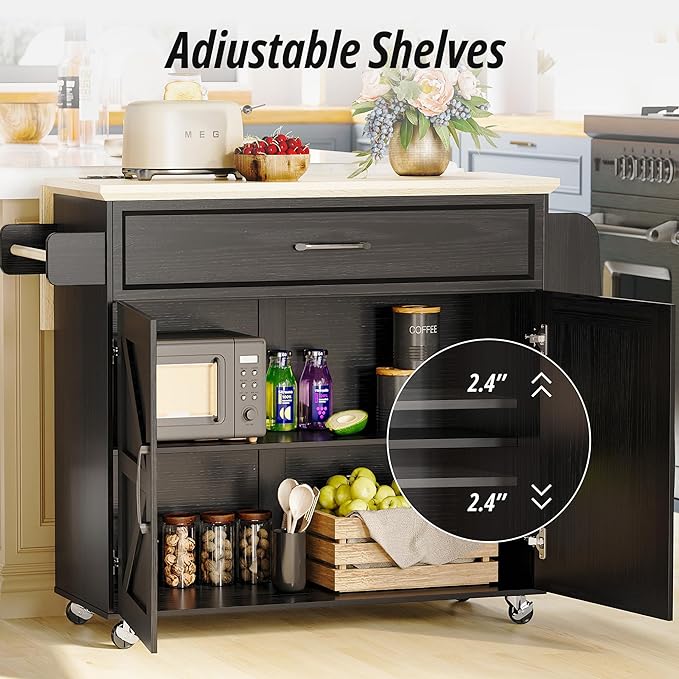 IRONCK Kitchen Island Cart with Storage, Rolling Kitchen Table with Power Outlet, Storage Cabinets on Wheels with Drop Leaf, Portable for Dining Room, Black