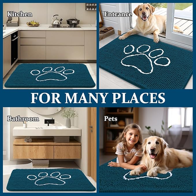 OLANLY Door Mat for Muddy Dog Paws 70x24, Absorbent Chenille Mud Doormat with Paw Print Design, Non-Slip Washable Doormat for Indoor Entryway, Quick-Dry Pet Bed Mats for Dirty Dogs, Atlantic Blue