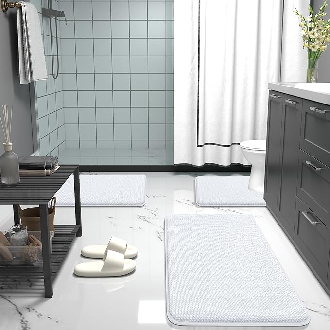 OLANLY Thick Memory Foam Bath Mat Rug 47x20, Extra Soft Absorbent Bathroom Rug, Quick Dry Bath Mats, Non-Slip, Machine Washable Carpet for Bathroom, Tub and Shower, Home Decor Accessories, White