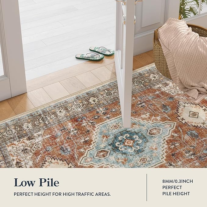 Lahome Oriental Washable Rug, 3x5 Rugs for Bedroom Living Room Entryway, Vintage Ultra-Thin Non-Slip Soft Throw Carpet for Kitchen Office Entrance, Orange/Multi