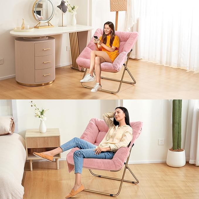 Comfy Saucer Chair for Adults, Foldable Living Room Chairs, Soft Faux Fur Lounge Chair for Bedroom, Reading Chairs, X-Large (Ottoman-Pink)