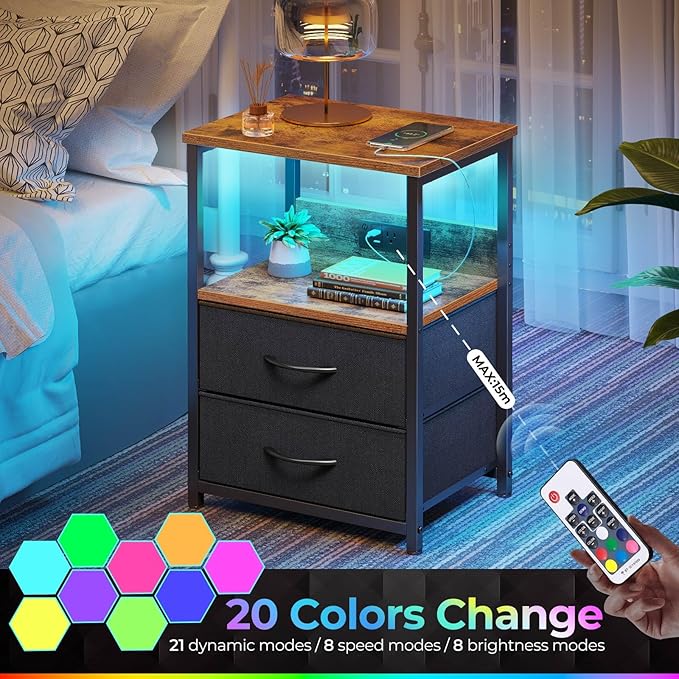 Seventable Nightstand Set of 2 with Charging Station, Bedside Table with LED Lights, Night Stand with 2 Fabric Drawers, 3-Tier Storage End Table for Bedroom, Rustic Brown