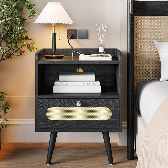 End Table Set of 2 with Charging Station, Diamond Décor Nightstands Set of 2, Bedside Table Set of 2 with Solid Wood Legs, Black