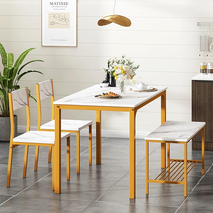 SogesHome 4-Piece Kitchen Table and 2 Chairs for 4 with Bench, Dining Table Set for Small Space, Apartment, Living-Room, Restaurant, Golden