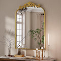 Vintage Arched Bathroom Mirror, 24x36 Inch Retro Wall Mounted Vanity Mirror with Carved Pattern Top and Metal Frame, Gold Decorative Mirror for Hanging or Leaning