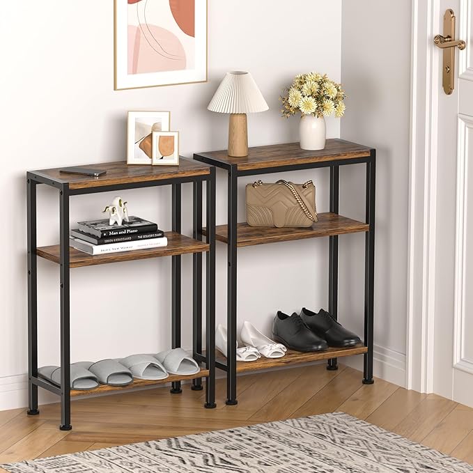 Narrow Side Table for Small Space Set of 2, 3-Tier Small End Table with Shelf Holder, Slim Nightstand, Skinny Snack Couch Table in Living Room, Bedroom, Study, Kitchen and Balcony（Rustic Brown