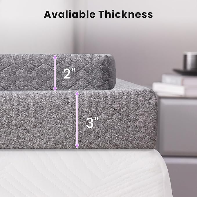 SINWEEK 3 Inch Gel Memory Foam Mattress Topper Queen Size, Pad for Back Pain, Bed Topper with Removable Soft Cover, CertiPUR-US Certified,Grey