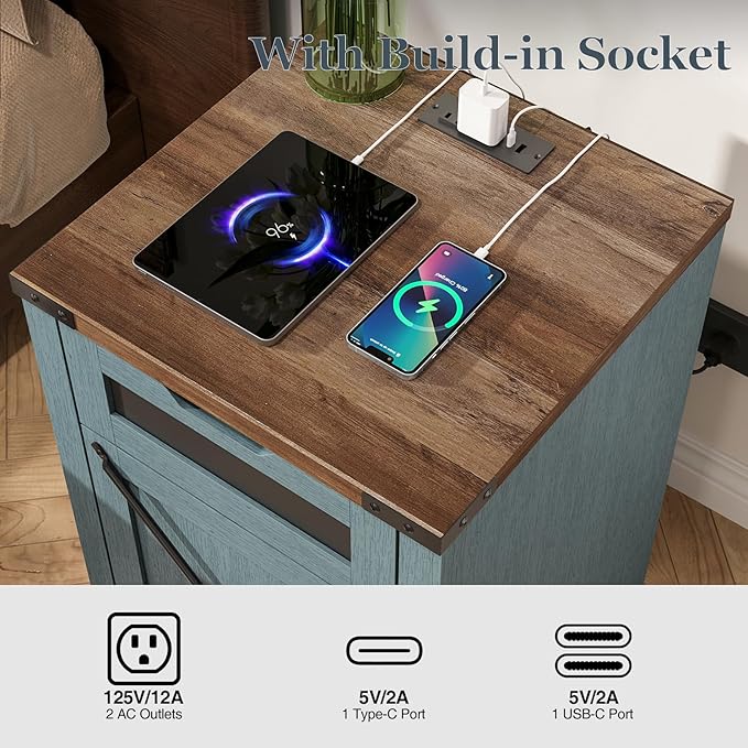 Farmhouse End Table with Charging Station, 26.4" Tall Rustic Nightstand with Drawer and X Barn Door, Country Bedside Sofa Side Table for Living Room, Blue