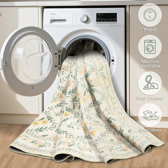 Area Rug Living Room Rugs: Floral 4x6 Washable Rug Vintage Soft Boho Non-Slip Carpet Stain Resistant Large Carpets for Bedroom Dining Room Farmhouse Nursery Hallway Home Office Beige/Multi