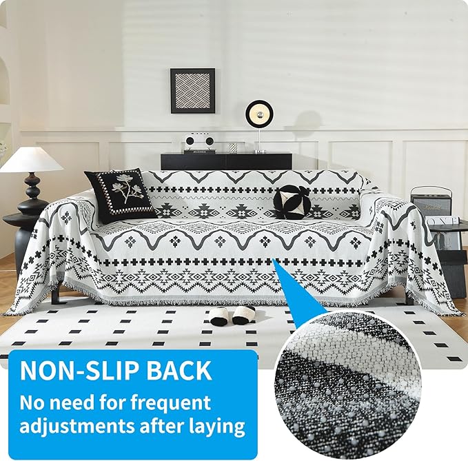 LUFEIJIASHI Boho Couch Covers for Sofa Non Slip Sofa Covers Washable Couch Covers for 3 Cushion Couch Sofa Pet Friendly Sectional Couch Cover Blanket Furniture Protector for Dogs (Black, 71"x134")