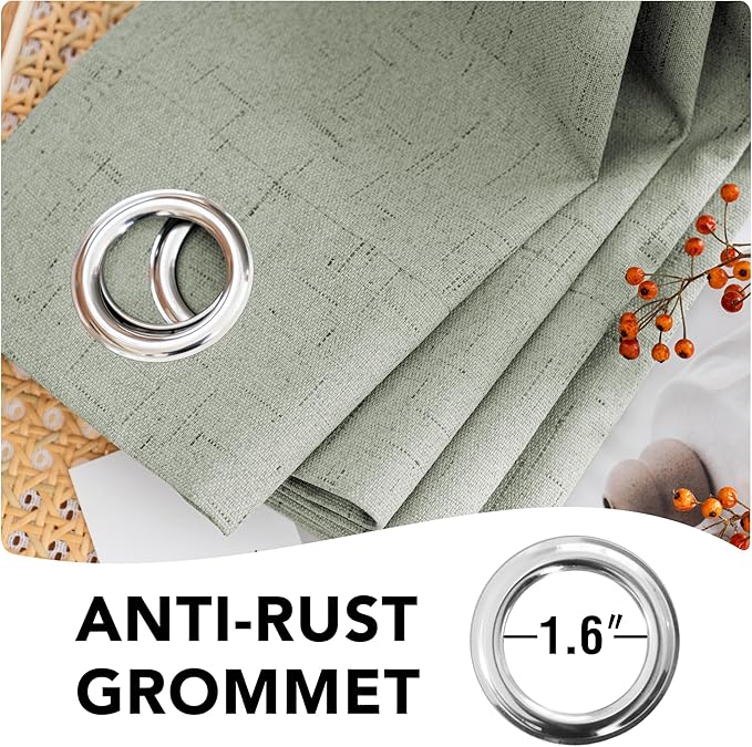 H.VERSAILTEX Linen Blackout Curtains 96 Inches Long 100% Absolutely Blackout Thermal Insulated Textured Linen Look Curtain Draperies Anti-Rust Grommet, Energy Saving with White Liner, 2 Panels, Sage