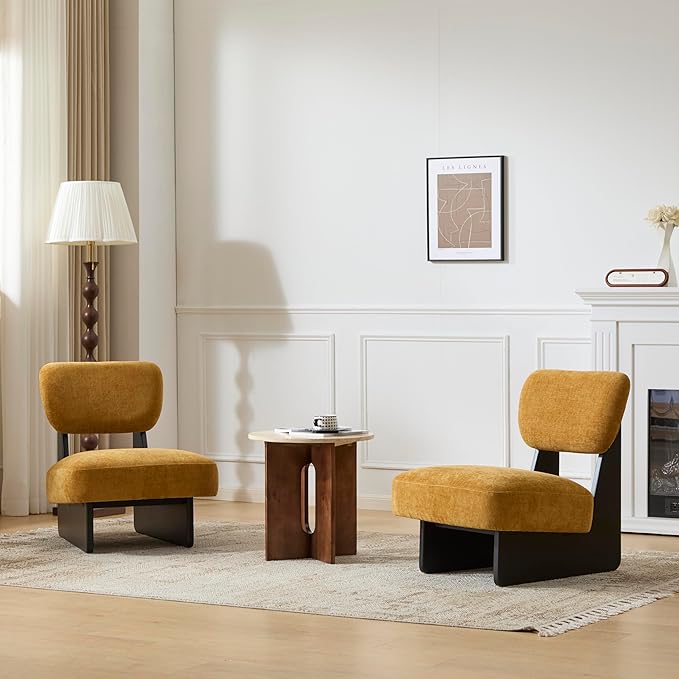 Christopher Knight Home Mores Low Profile Accent Chair Set of 2, Modern Living Room Armless Lounge Chair, Fabric Comfy Reading Chair for Bedroom, Wooden Frame and Thick Padded Seat, Black+Tumeric
