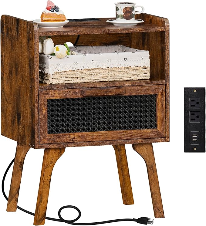 Lerliuo Rattan Nightstand with Charging Station, Side Table with Drawer Open Shelf, Cane Accent Bedside End Table with Solid Wood Legs, Night Stand for Bedroom, Dorm and Small Spaces (Brown)