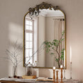 Vintage Arched Bathroom Mirror, 24x36 Inch Retro Wall Mounted Vanity Mirror with Carved Pattern Top and Metal Frame, Antique Decorative Mirror for Hanging or Leaning