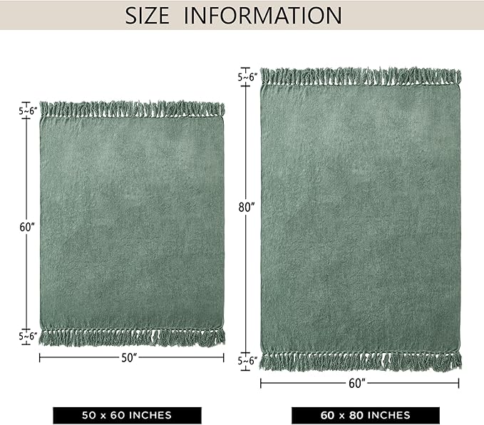 Chenille Throw Blanket for Couch 50"X 60", Soft Cozy Throws with Fringe Tassel for Bed Sofa Chair Cover, Lightweight Knitted Decorative Boho Blankets for Living Room, Sage Green