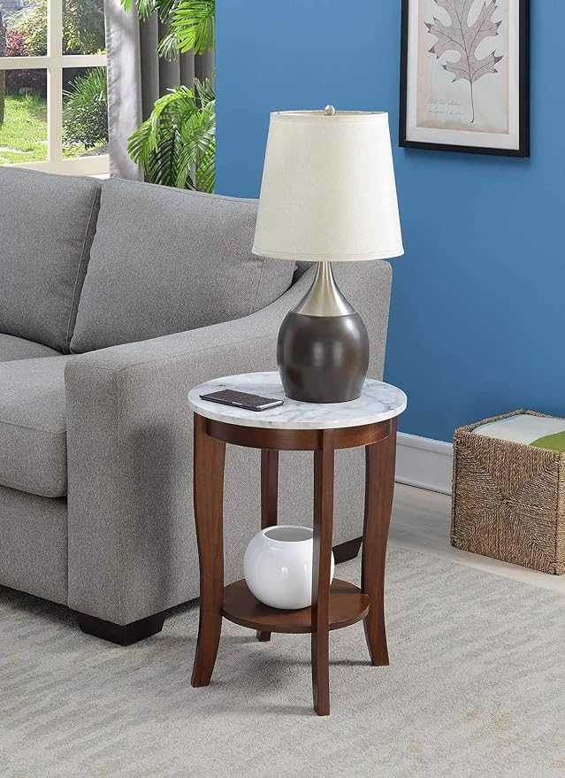 Convenience Concepts American Heritage Round End Table, White Faux Marble / Espresso