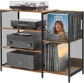 Large Record Player Stand Table with Vinyl Record Holder Up to 150PCS, AV Media Stand Stereo Cabinet Shelf Rack Tower with Storage, Sturdy, Adjustable Feet, Rustic, Large Capacity