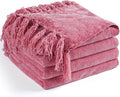 Chenille Throw Blanket for Couch 50"X 60", Soft Cozy Throws with Fringe Tassel for Bed Sofa Chair Cover, Lightweight Knitted Decorative Boho Blankets for Living Room, Rose Pink