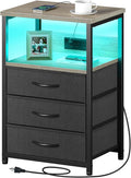 Seventable Nightstand with Charging Station and LED Light, Side Table with 3 Fabric Drawers, Bedside End Table with USB Ports and Outlets, Night Stand for Bedroom, Greige