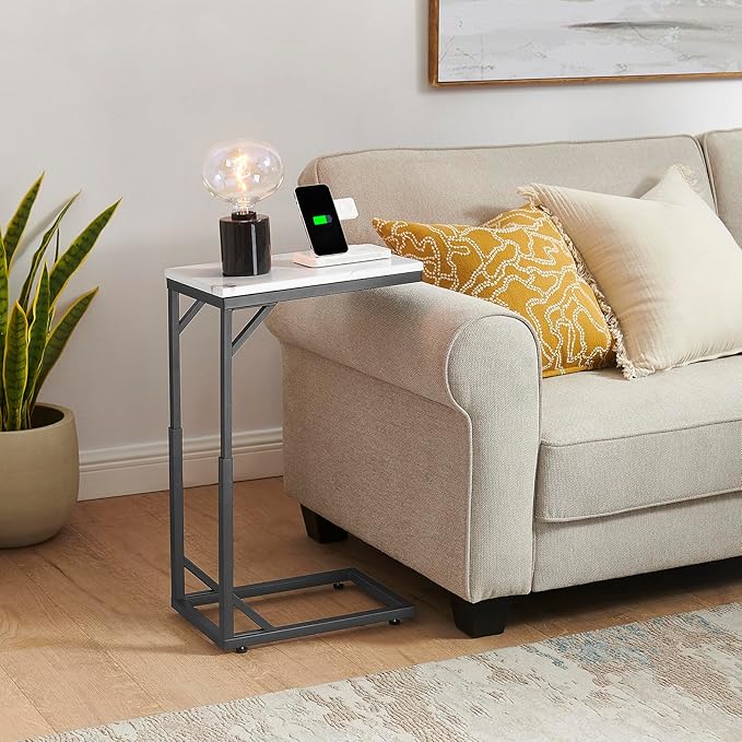 C-Shaped End Table, Small Sofa Table with Metal Frame, Adjustable Height Side Table for Couch, Living Room, Bedroom, Bedside (Black, Large)