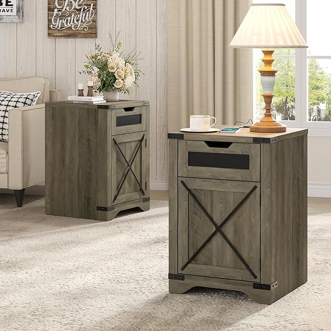 Farmhouse End Table with Charging Station, 26.4" Tall Rustic Nightstand with Drawer and X Barn Door, Country Bedside Sofa Side Table for Living Room, Grey