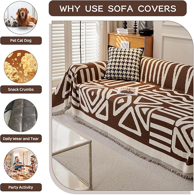 STACYPIK Boho Chocolate Beige Sofa Cover Anti-Slip Reversible Couch Cover for 2 Cushion Couch Soft Chenille Armchair Slipcovers L Shaped Cover for Sectional Furniture Protector for Kids Dogs-71X90IN