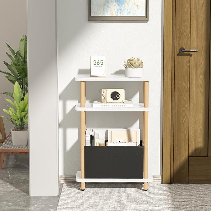 Narrow Side Table with Fabric Basket, 7" Wide, 3 Tier Skinny End Table with Wood Legs, Slim Nightstand/Bedside Table for Small Spaces, with Adjustable Feet, 15.7" L x 23" H