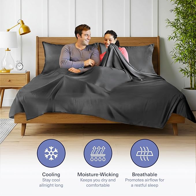 Kickoff Viscose Bamboo Sheets Queen Size 4-pc 100% Organic Bamboo Viscose Bed Cooling Sheets Queen Size Set Cool Bedding for hot Sleepers Sheet, Flat, Fitted, Pillowcases (Pewter, Q)